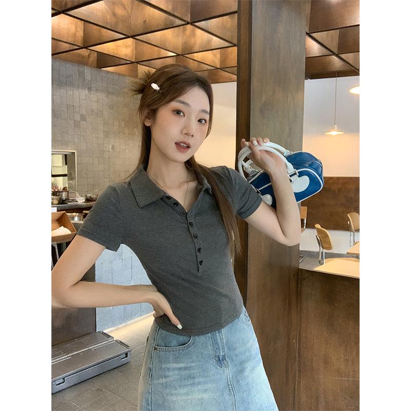 Korean College Style Polo Lapel Short Sleeve T-Shirt Women's Spring and Summer New American Front Shoulder Skinny Top
