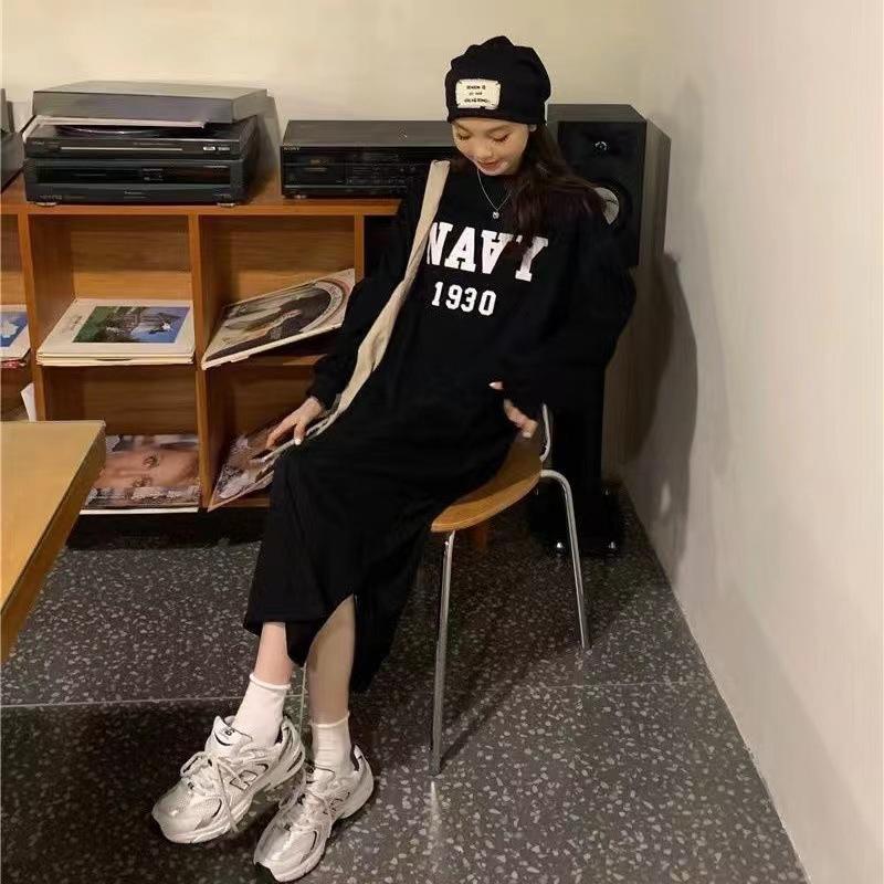 YYFS Damenmode Herbst Winter Langarm O-Ausschnitt Lockere Taille Lässige Kleider