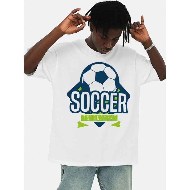 

European Sizes Men s Soccer Tournament T-Shirt - White with Black & Green Soccer & SOCCER Print, Loose Fit Casual Tee for Training, Matches 5XL різнокольоровий