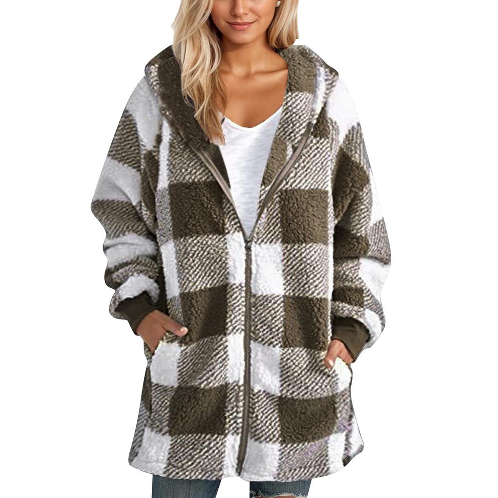 Women's Casual Plush Long Sleeve Plaid Hooded Zipper with Pocket Loose Coat