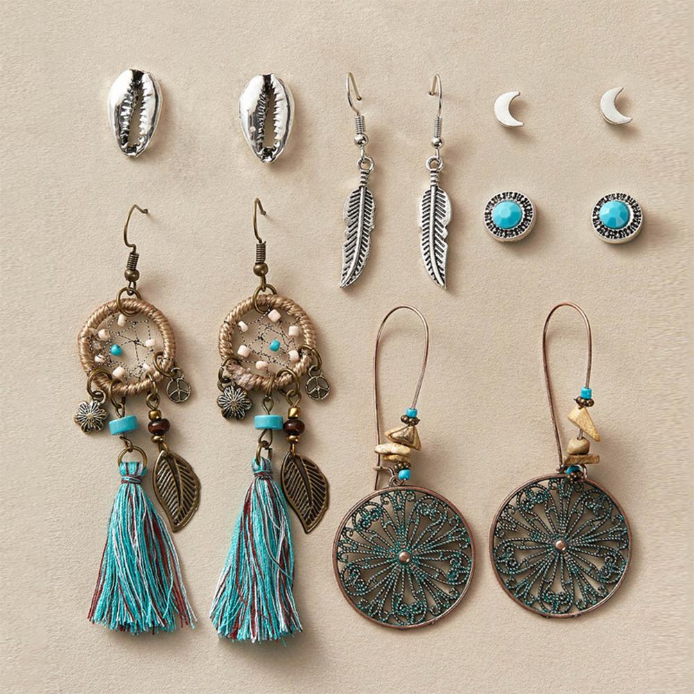 6 Pairs Of Earrings Alloy Creative Retro Style Feather Earrings Stud Set