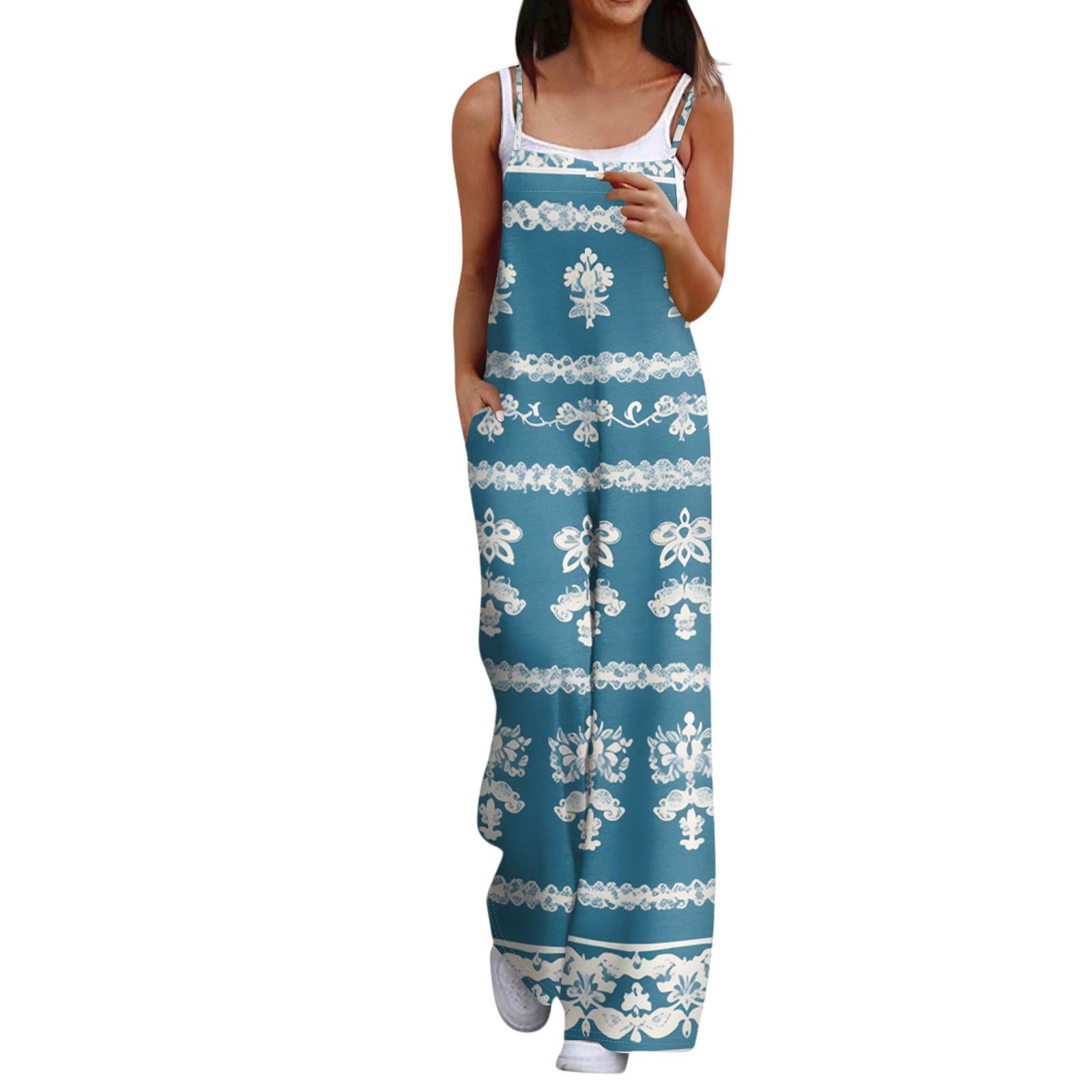 

Широкий комбинезон для женщин, повседневный свободный комбинезон без рукавов с принтом и пуговицами, длинные брюки, комбинезон с карманами S циан