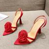 Fashion Summer Fashion Silk Rose Flowers Back Strap Heeled Sandals Women Pointed Open Toe Red High Heels Wedding Prom Shoe Zapatos Mujer