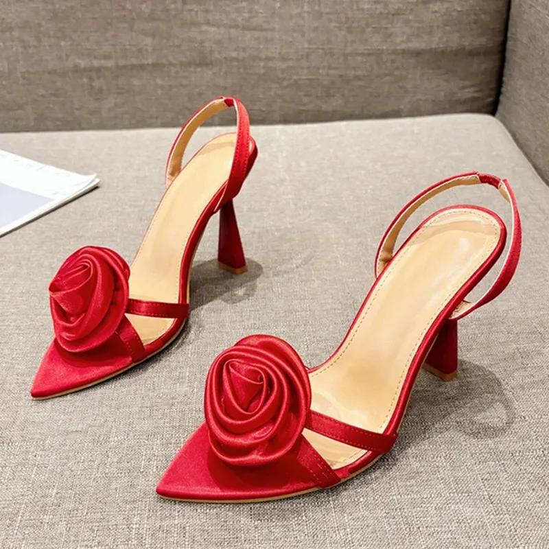 Fashion Summer Fashion Silk Rose Flowers Back Strap Heeled Sandals Women Pointed Open Toe Red High Heels Wedding Prom Shoe Zapatos Mujer