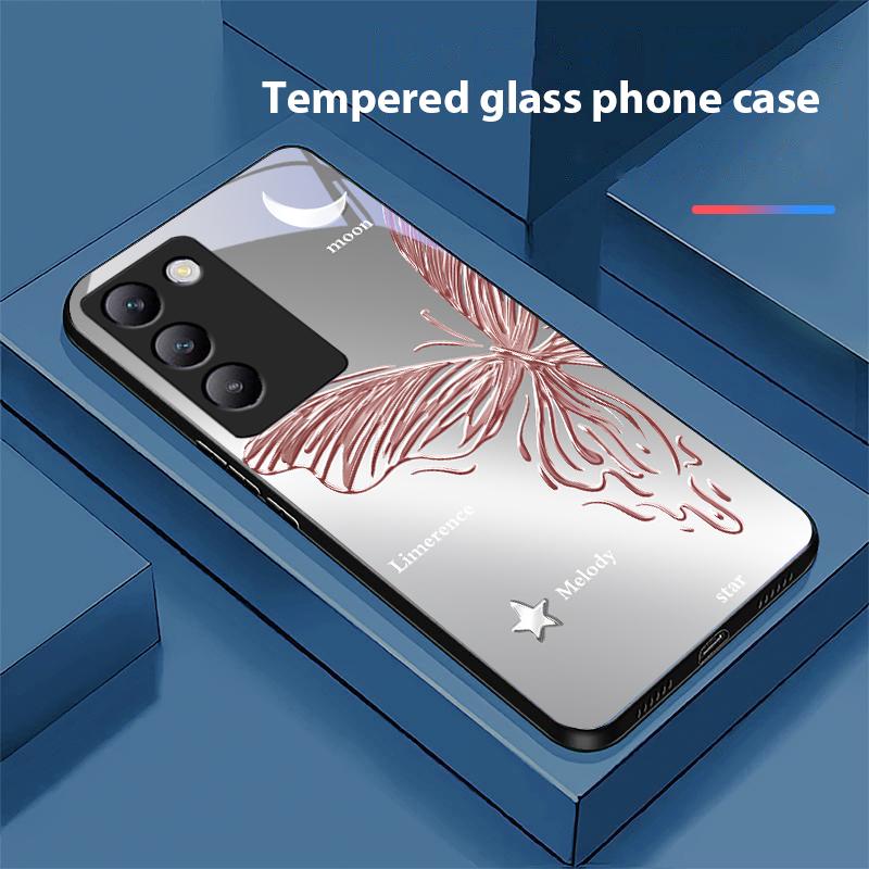 Metallic Butterfly For Y72 33S 11 03 36 96 Lite 35 16 Iqoo 12 V40 SE 5G 29 40 21 30 X80 Pro Vivo Tempered Glass Phone Case Black