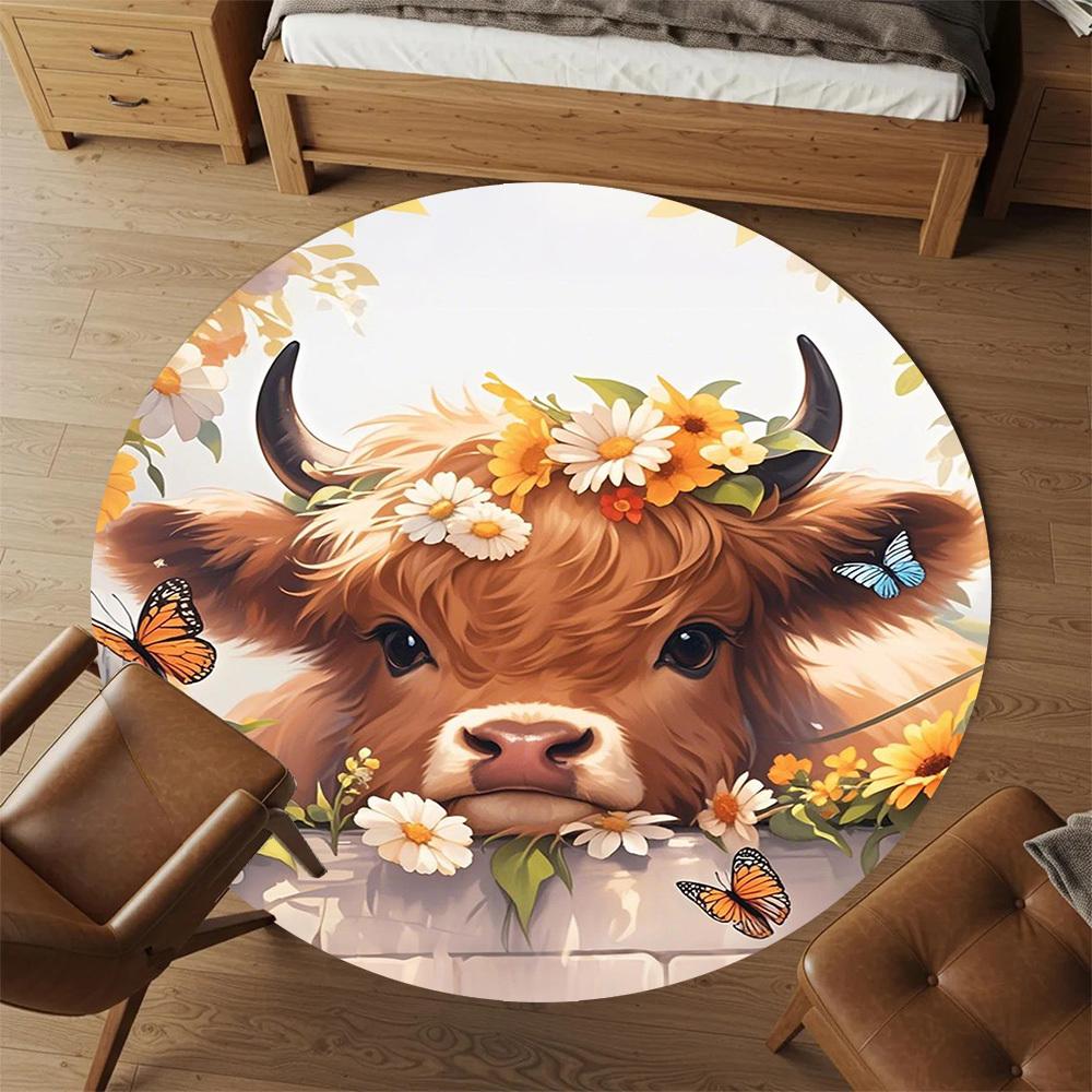1PC Cow Flowers Cute Round Chair Mat Area Rug - Non-Slip, Floor Mat for Office, Bedroom, Home Decor Christmas Gift C0528047