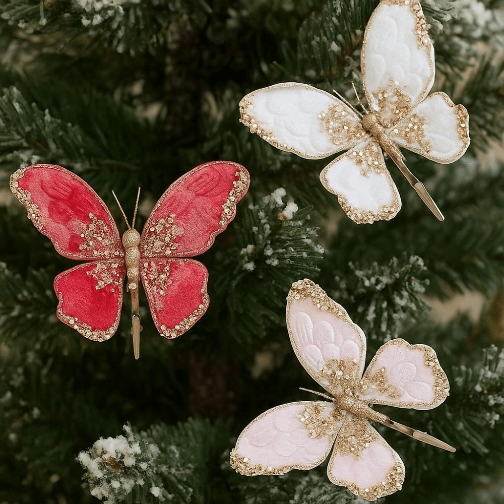 Flocking Artificial Butterfly Clip Gold Powder Christmas Tree Decoration  Xmas New Year