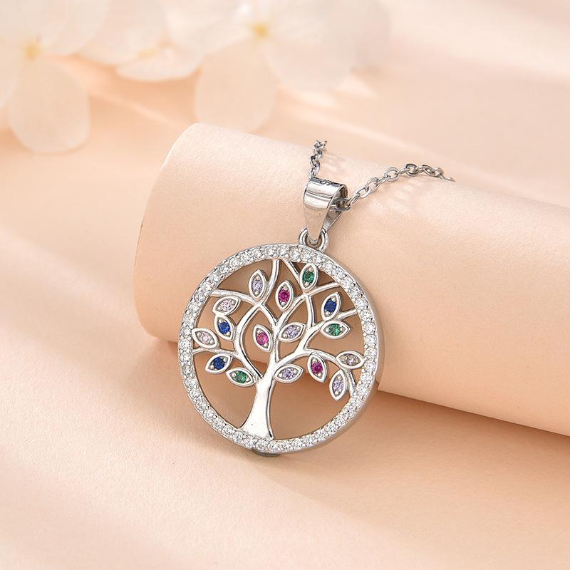 

925 Sterling Silver Round Tree of Life Pendant Necklace for Women Autumn/Winter Niche Luxury-Feel Versatile Collarbone Chain Coloured zircon