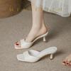 Women's High Heel Slippers Luxury Cowhide Leather Slippers Square Head Mules Slippers Summer Open Toe High Heel Slipper