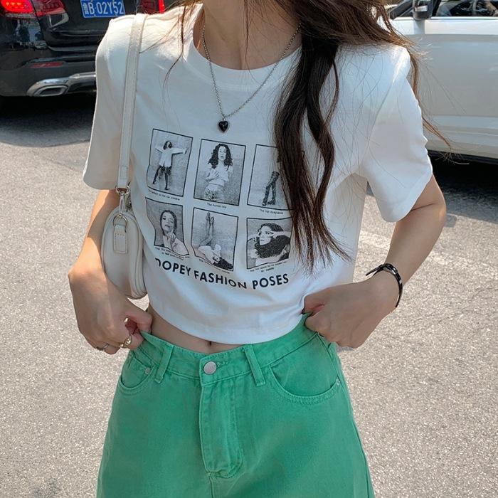 

Cotton elastane summer short babes American retro portrait print sexy slim top women S белый