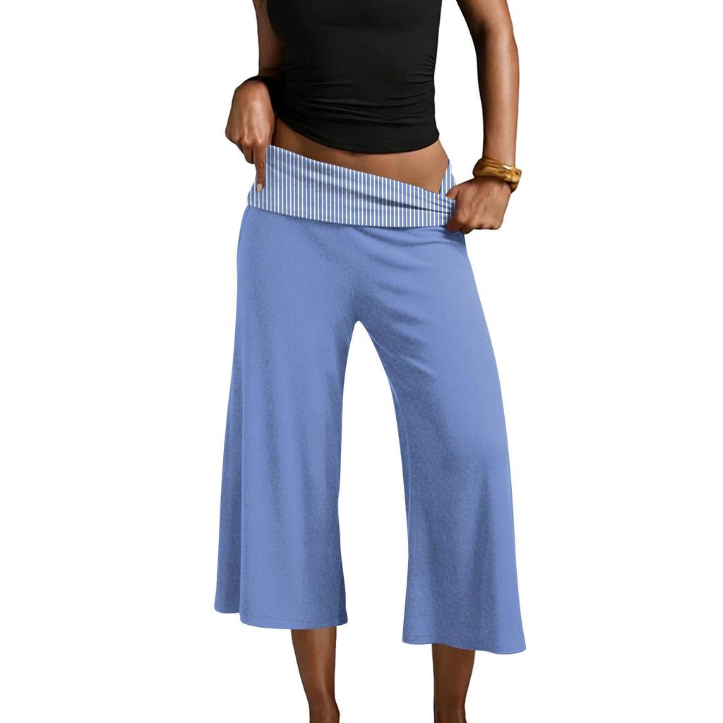 Womens Fold Over Cropped Pants Flared Bottom Fold Over Sweatpants Low Yoga Strechy Casual Wide Leg Sweatpant