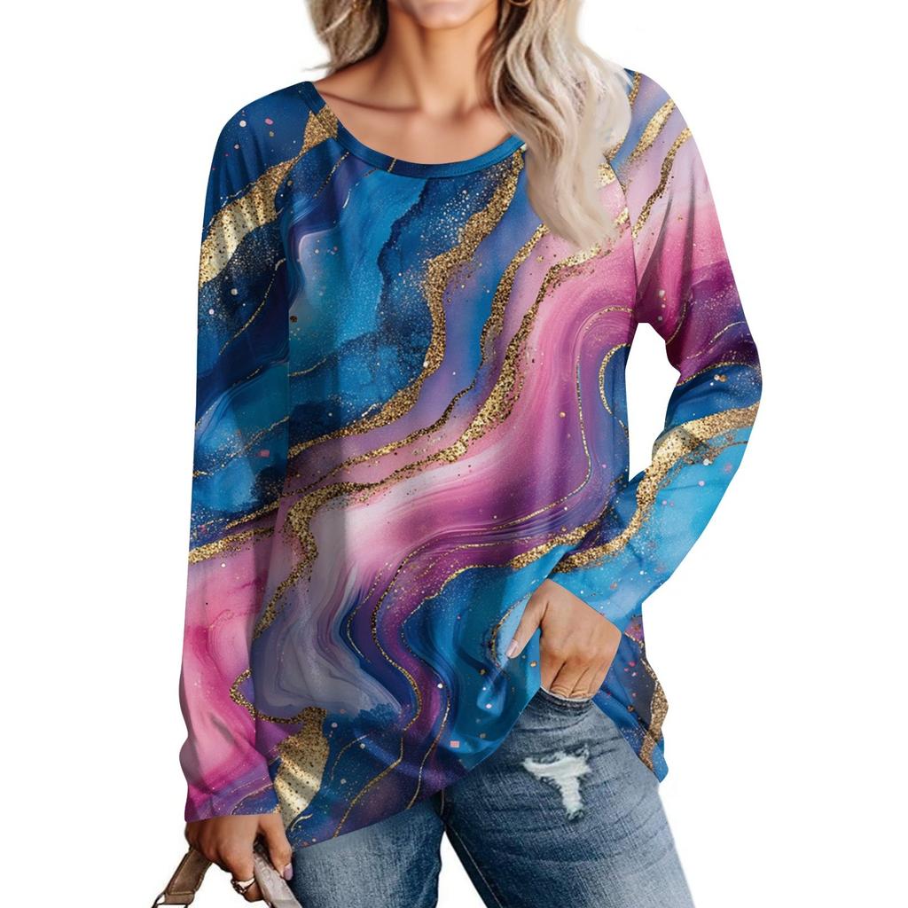 Women's Fashion Casual Long Sleeve  Print Round Neck Pullover Top Blouse
