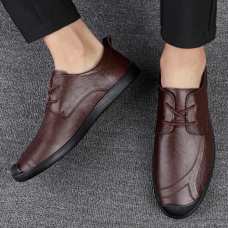Men's round head first-layer cowhide business shoes front lace-up breathable flat-heeled single shoes men's cowhide splicing casual leather shoes