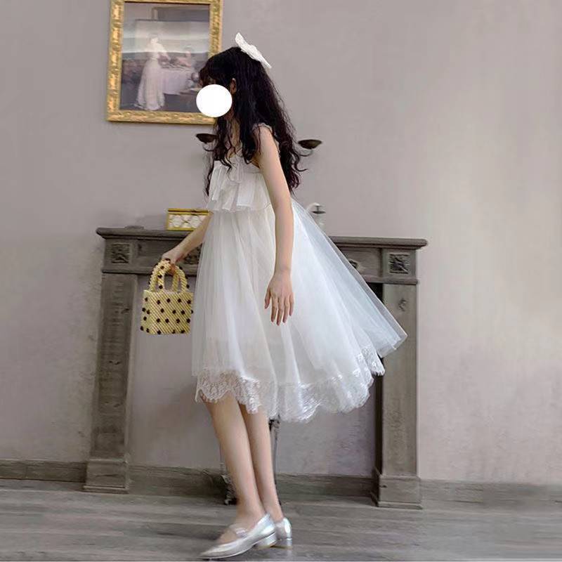 Japanese Sweet Lolita Princess Dress Women Elegant Cute Bow Lace Ruffles Tulle Slip Dress Mesh Kawaii Fairy Party Dresses