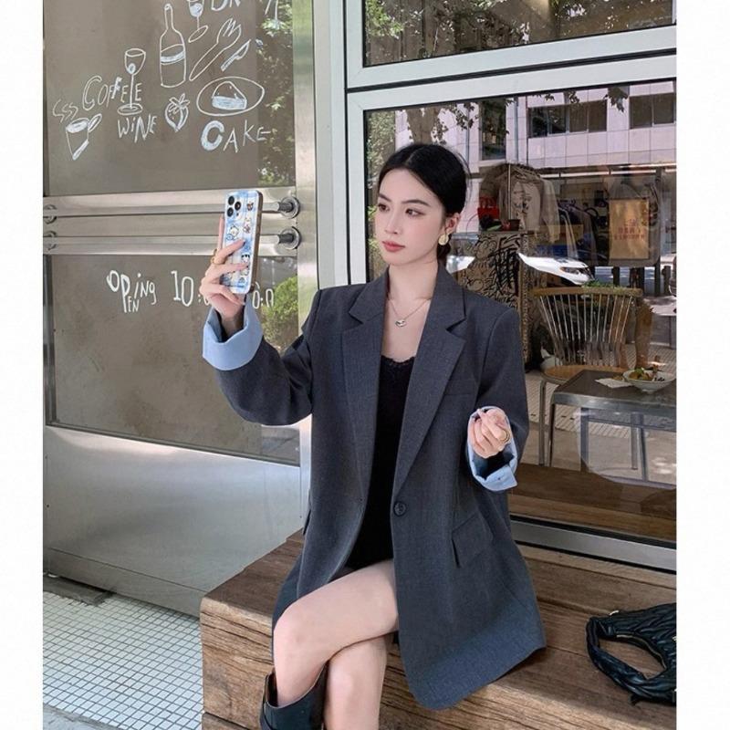 Fashionable Korean Style Suit Jacket Splicing Simple Commuting Loose Women's Solid Color Cardigan Long-sleeved Top