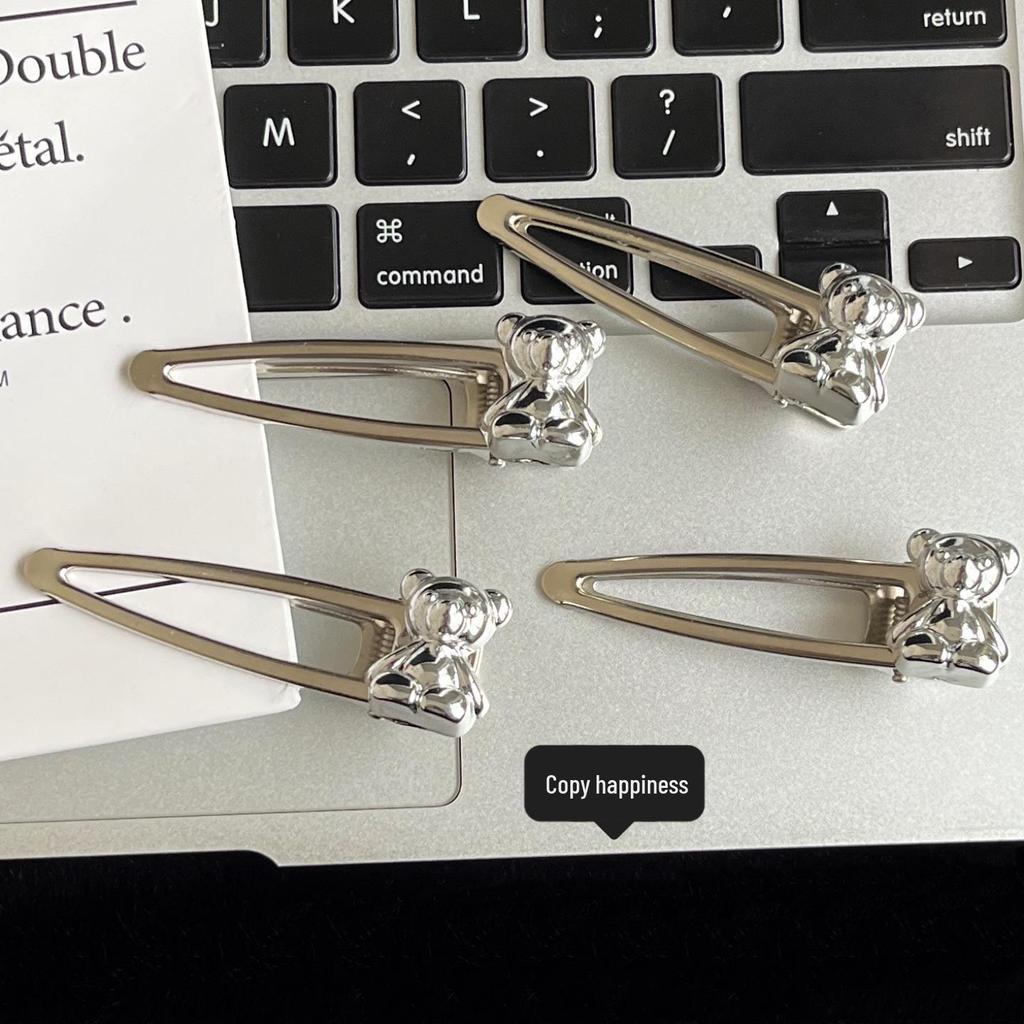 Imitation Metallic Silver Bear Duckbill Hair Clip - Cute, Girly, and Cool Alloy Hairpin for Students and Bangs.
