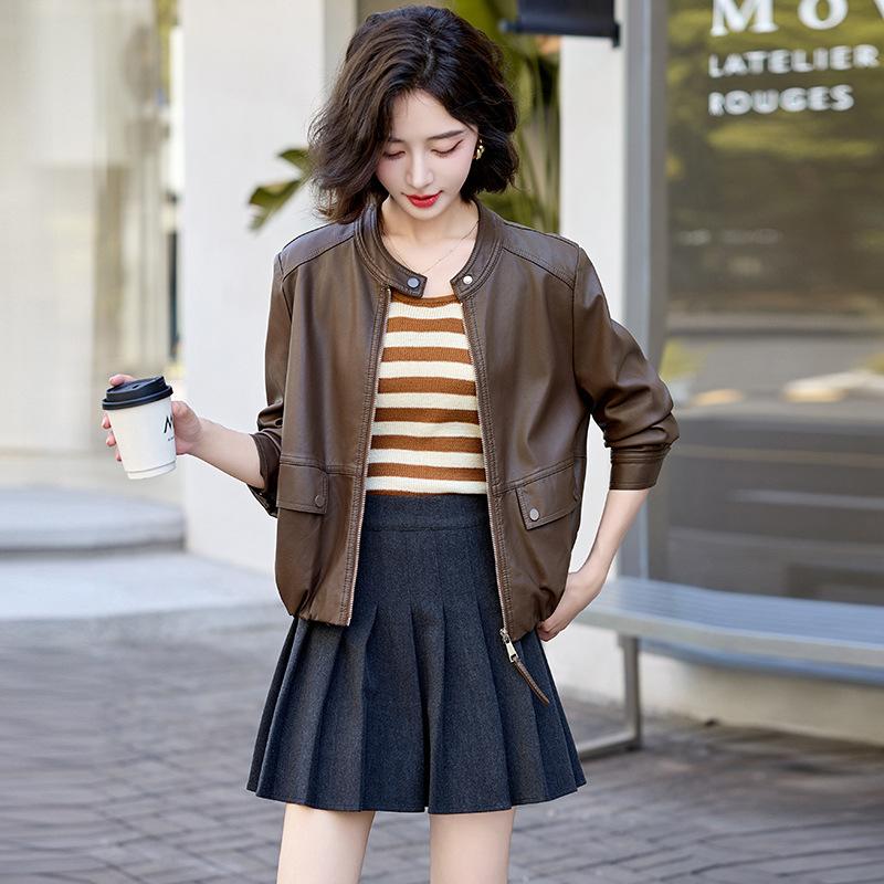 

Весна и Осень Новинка Повседневный Свободный Топ Мотоциклетная Одежда Короткая Кожаная Куртка Дизайн Фактурная Кожаная Куртка Женская Куртка Тренд XL темно-коричневого