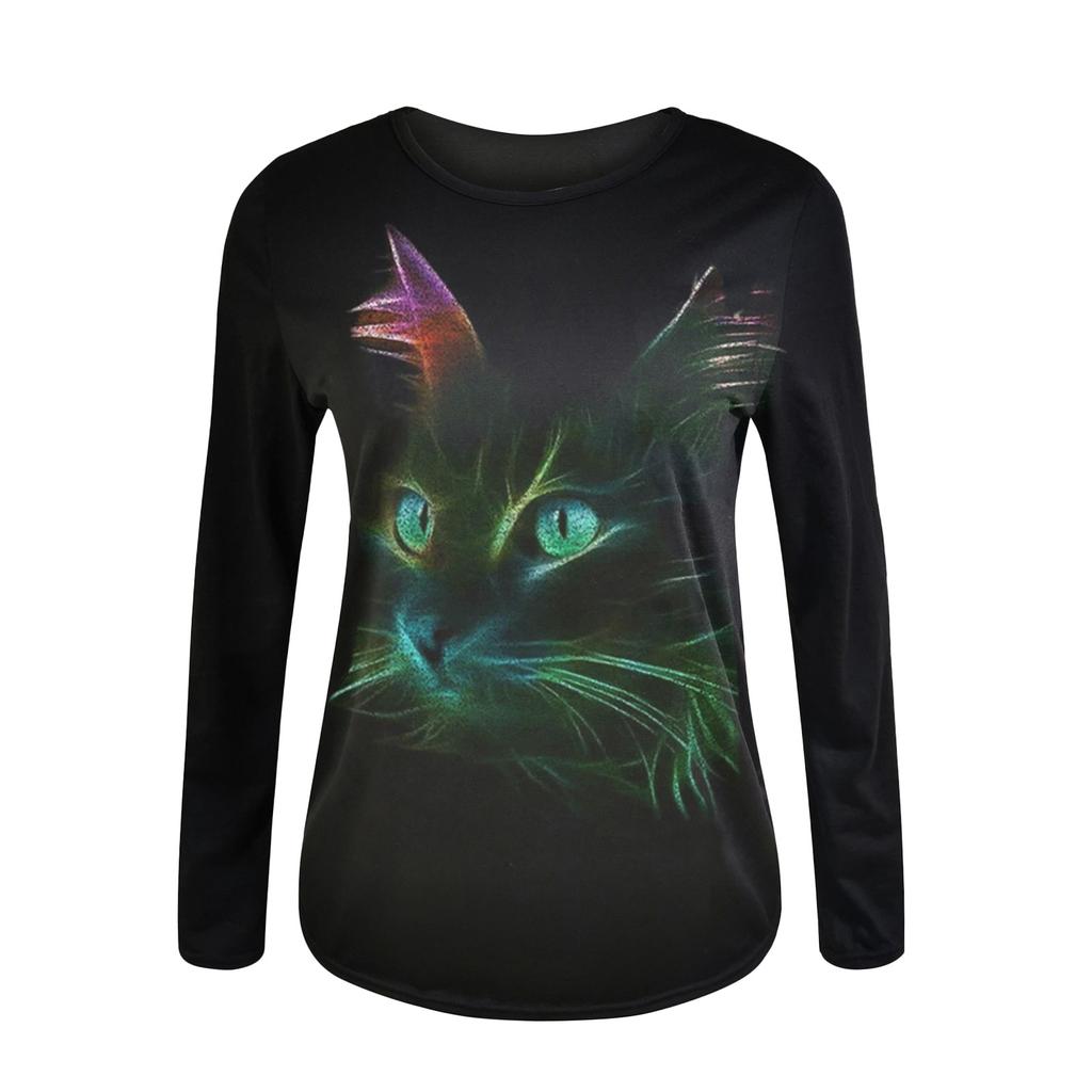 Women Casual Long Sleeve Cat printing  Shirt Blouse Top