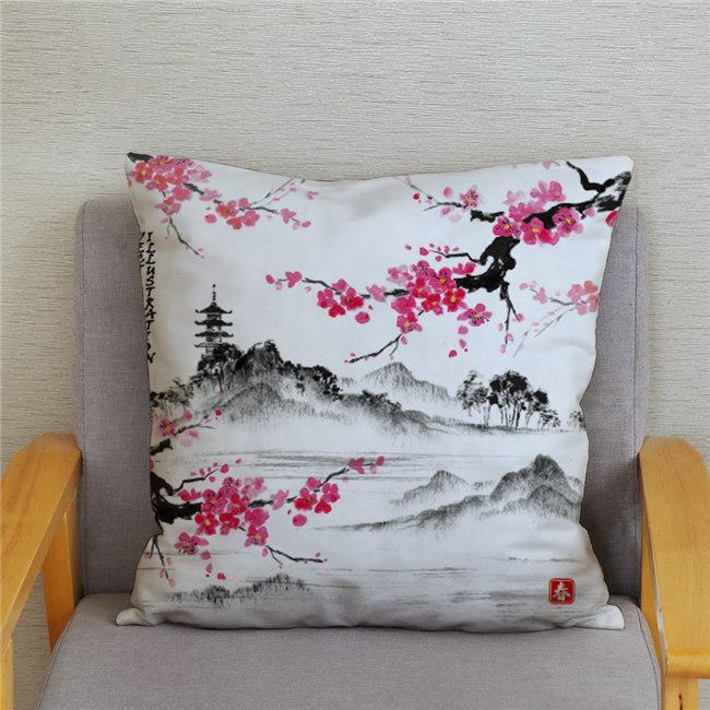 45*45 Classical Ink Landscape Printing Pattern Cushion Cover Home Living Room Sofa Decoration Square Pillow Case