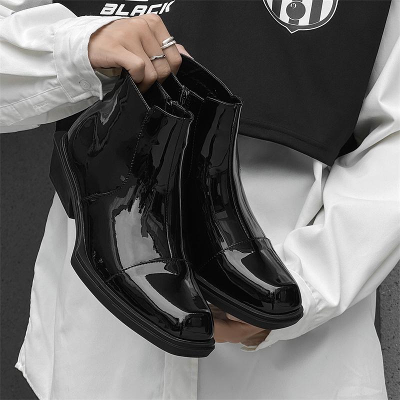 Fashion Lacquer Black men's boots Fashionable and personalized thick bottom style Trendy Party youth leather shoes plus size -46 Hot