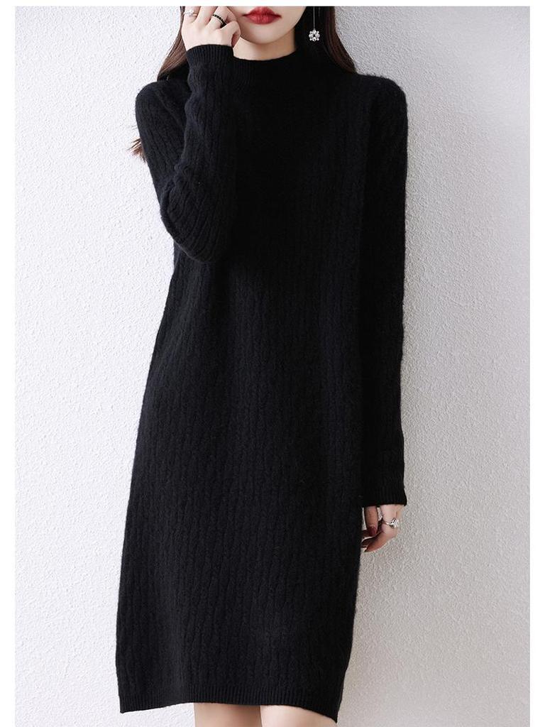 Women's High Neck Knitted Wool Dress - Slimming and Warm for Autumn/Winter