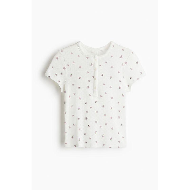 

HM 2025 Autumn New Women clothes Mesh Jersey Top 1308370 White/Florals 002 155/80(XS)