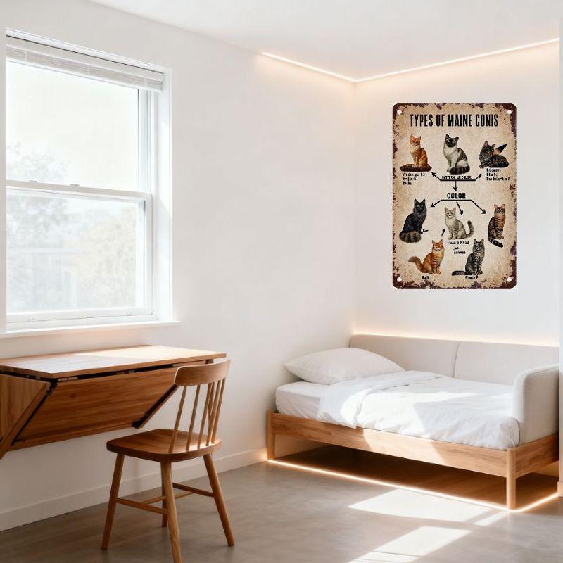 Vintage Maine Coons Types Tin Sign Metal Poster - Rustic Educational Decor with 6 Cat Illustrations for Bar Pub Home Wall Decor