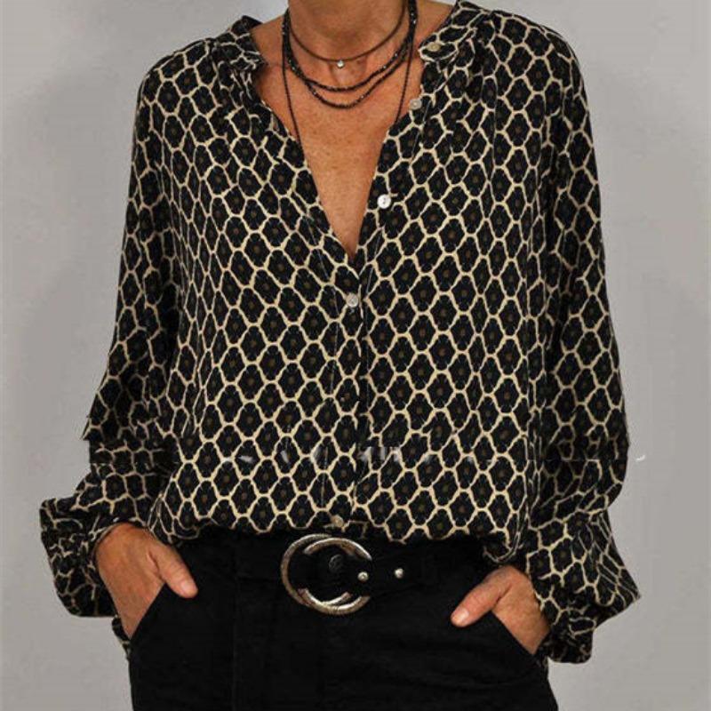 

Spring New Women s V-neck Long-sleeved Fashionable and Elegant Printed Shirt XL чорний