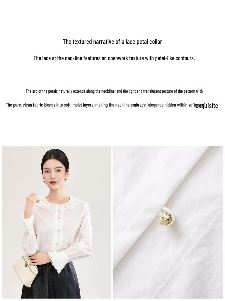 Anti-Wrinkle French Style Lace-Embroidered White Cotton Shirt