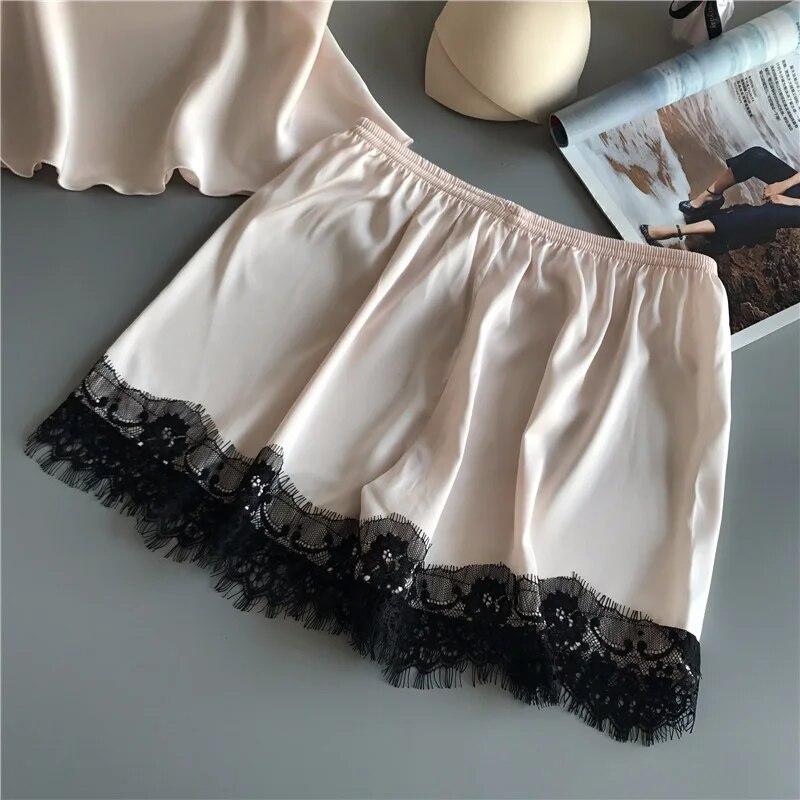 Women New Pajama  Fashion V-Neck Stretch Satin Babydoll Lace Sexy Lingerie Bowknot Pyjamas Sleep Shorts Set Sleepwear