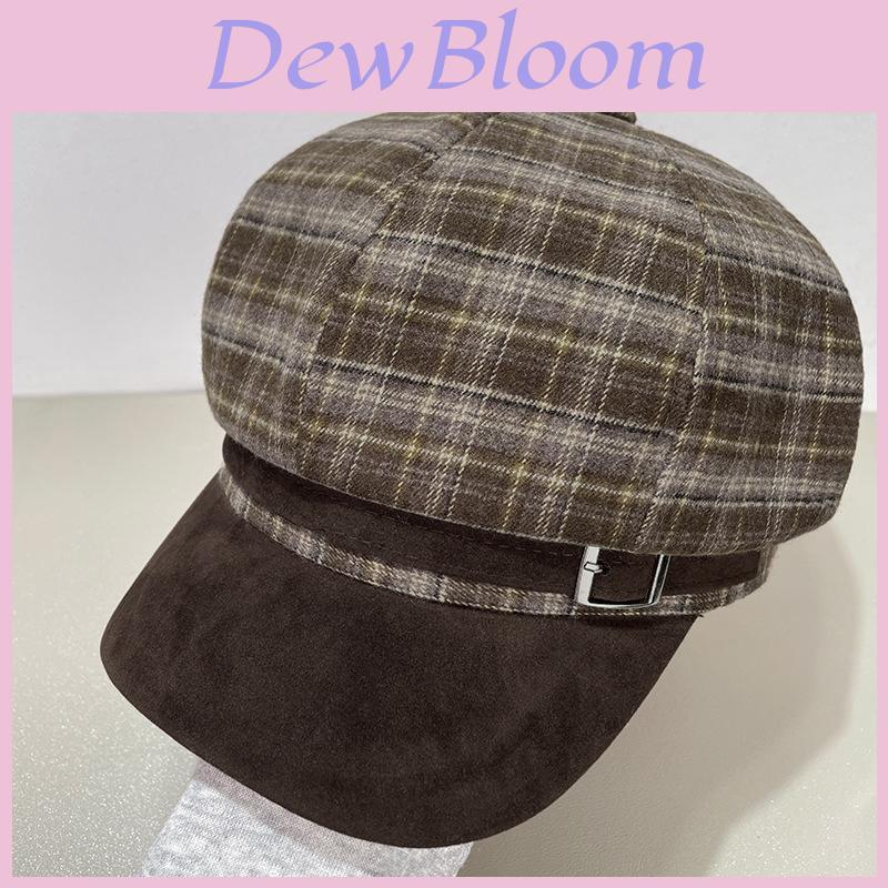 Vintage Brown Plaid Octagonal Hat For Women Winter Warm Fashion Cap