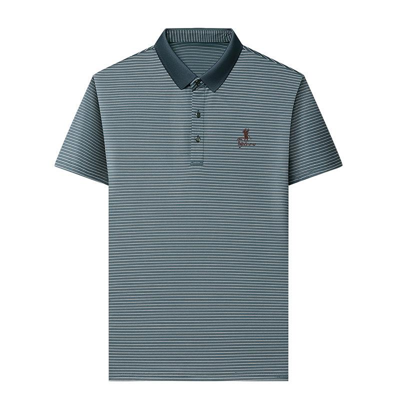 Machine Washable Men'S Ice Silk Seamless Short-Sleeved T-Shirt Business Casual Lapel Striped Polo Shirt