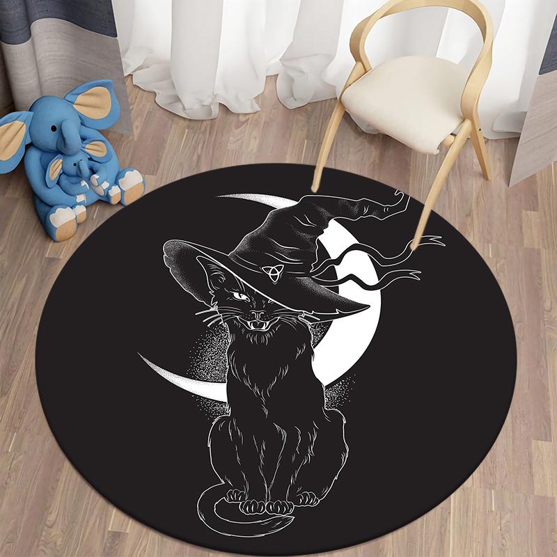 Black Cat Round Carpet for Living Room Rugs Children Carpet Bedroom Bath Mat for Children Home Decoration Anti-slip Doormat