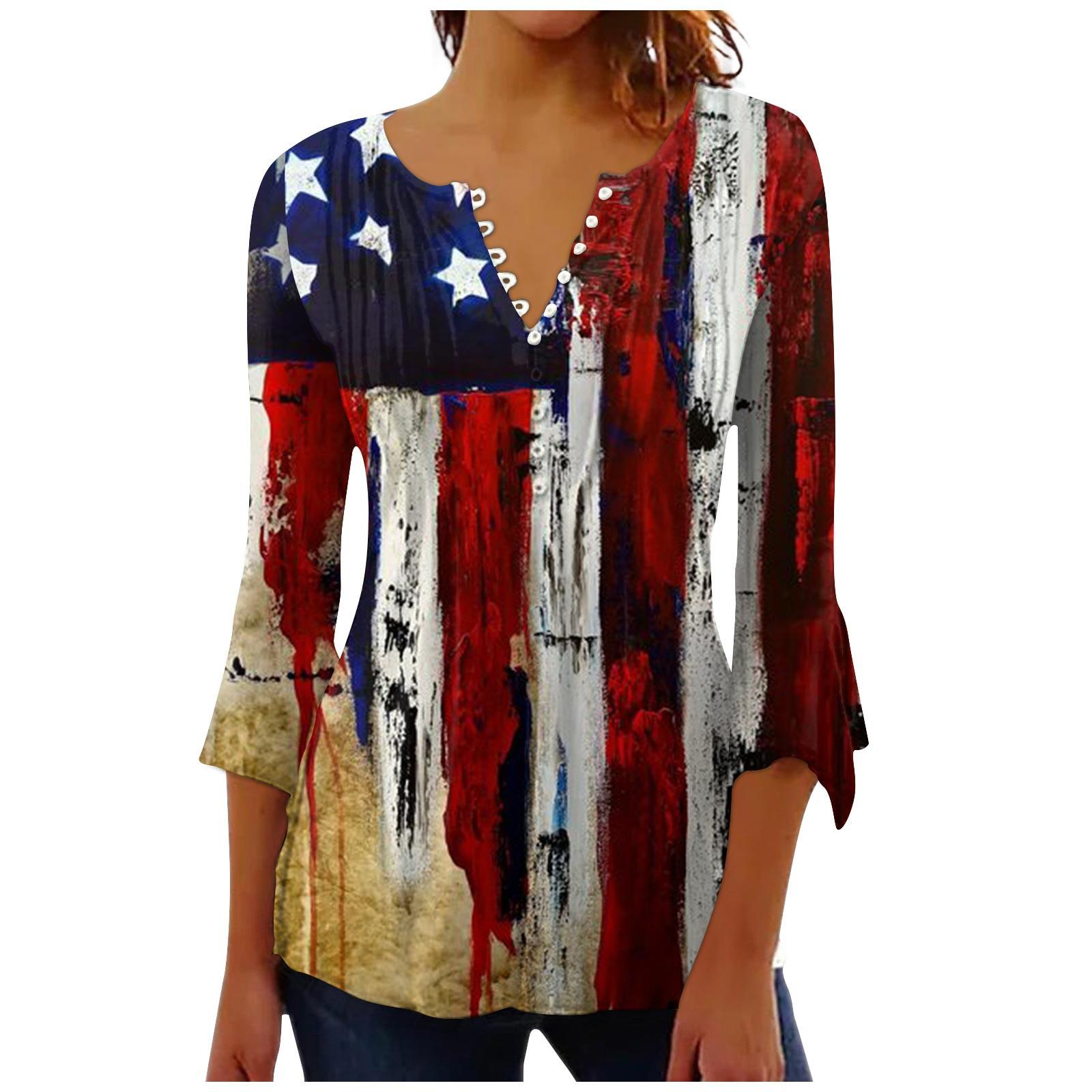 

Женская модная футболка с короткими рукавами и v-образным вырезом с принтом ко Дню независимости с седьмым рукавом S разноцветный