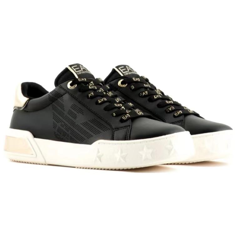 Emporio Armani Leather Round Toe Lace-Up Low-Top Sneakers With Gold Accents Men sneakers Black X8X179XK383T677