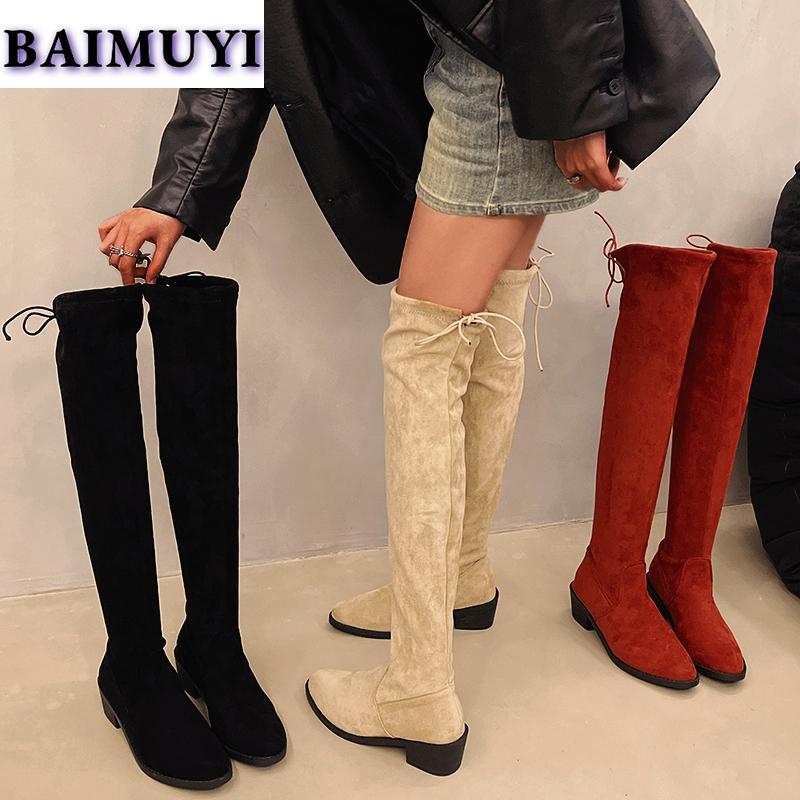 Women Pointed Toe Knee High Boots Winter Suede Chunky Chelsea Shoes Woman 2025 New Warm Snow Boots Short Plush Zapatillas Mujer