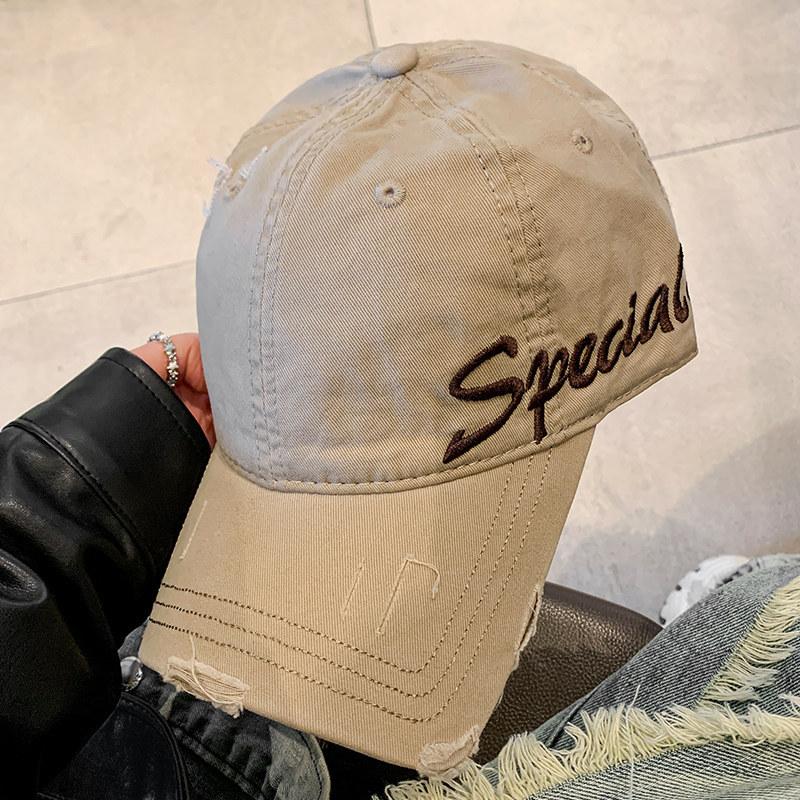 Embroidery Washed Old Denim Baseball Cap Female American Retro Hole Edging Soft Top Cap Wide Brim Showing Small Face