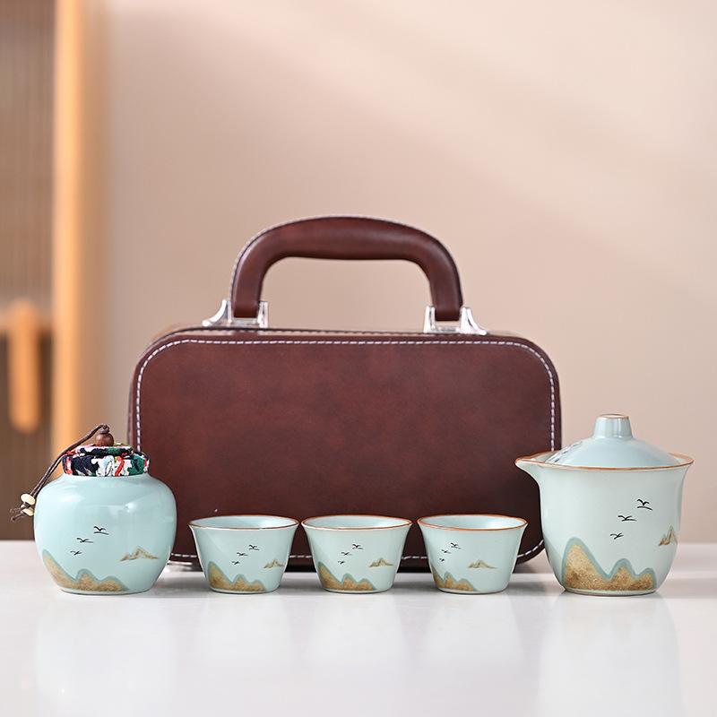

Ru Kiln Travel Kung Fu Tea Set Thousand Miles of Jiangshan Portable Outdoor Tea Drinking Ceramic Tea Pot Souvenir