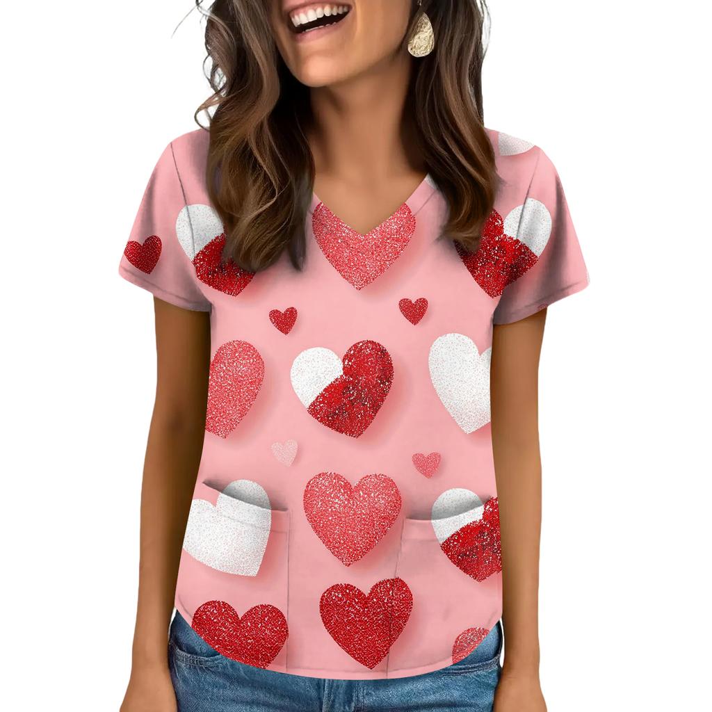 Damen V-Ausschnitt Valentinstag Bedrucktes Kurzarm-Top mit Taschen und Seitenschlitzen, geeignet für Pflegekräfte.