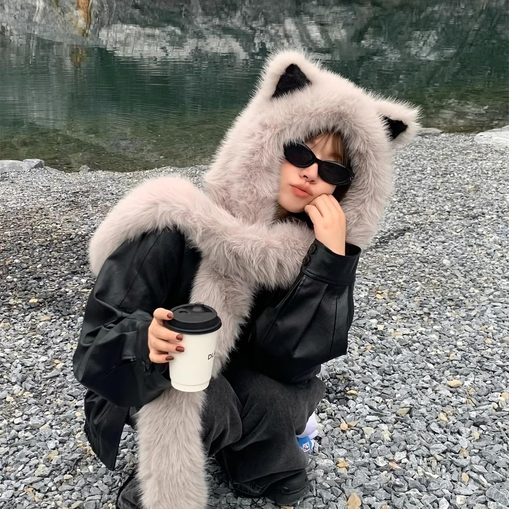 A Soft Polyester Faux Fur Cat Ear Hat with an Integrated Scarf, Suitable for Both Men And Women In Winter, Stylish And Unisex,