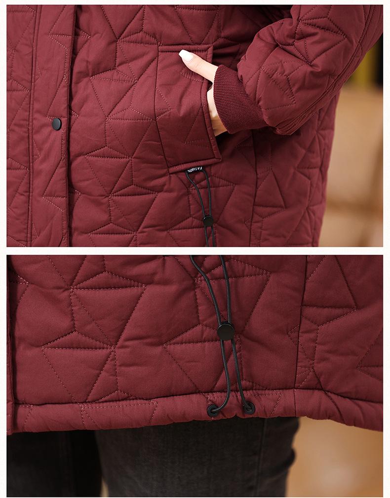 Geacă de bumbac cu glugă pentru femei, lungime medie (Plus Size) - Iarnă 2024 Casual, Cald, Croială Largă pentru Mame de Vârstă Mijlocie