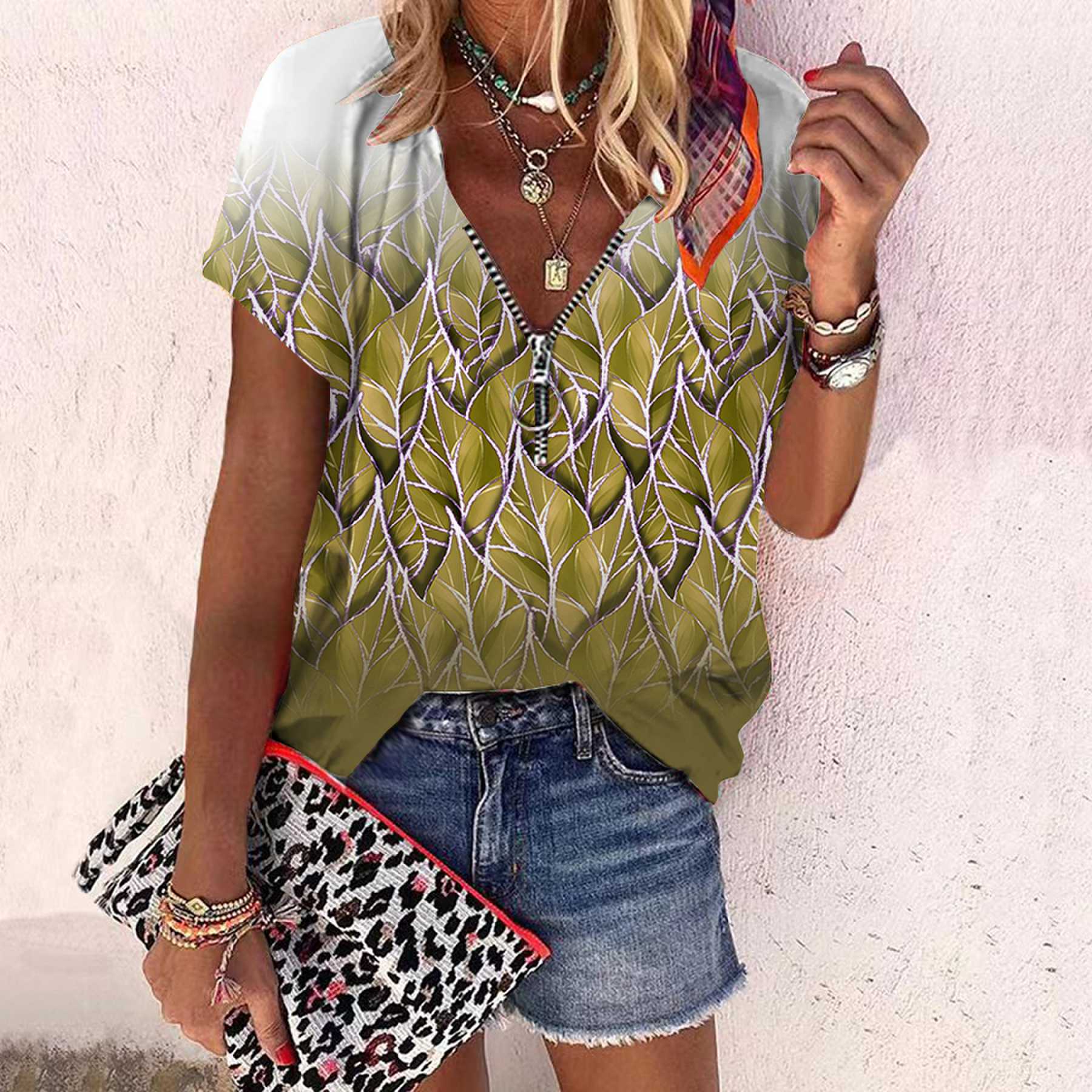 

Женский топ, летний новый модный топ с розами и листьями, повседневный топ на молнии с v-образным вырезом и короткими рукавами 6XL жёлтый