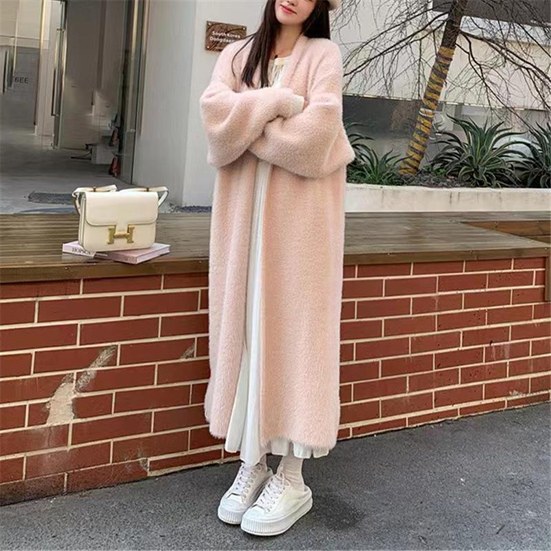 Mink Velvet Knee-Length Sweater Cardigan for Women - Autumn Winter Loose Knit Style