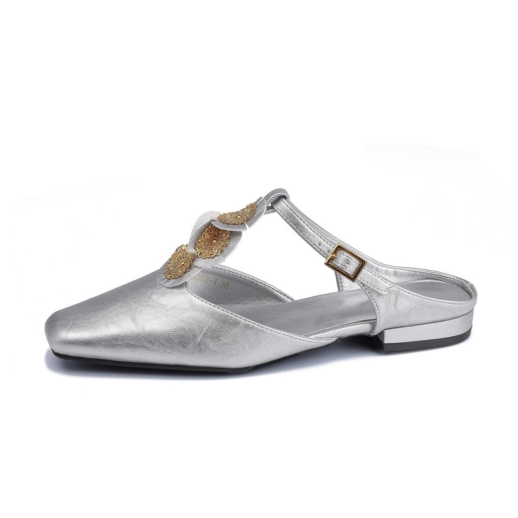 French Semi-drag Sandals Women's Rear Empty T-band French Flat-soled Muller Shoes Bag Head Fashion French Soft Leather Single Shoes Women