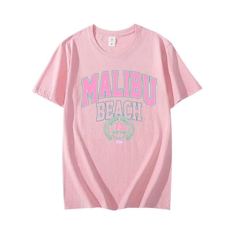 2025 Summer Malibu Beach Print Pattern Men's T-shirt, 100% Pure Cotton Fashionable Street T-shirt, Comfortable Round-neck Top