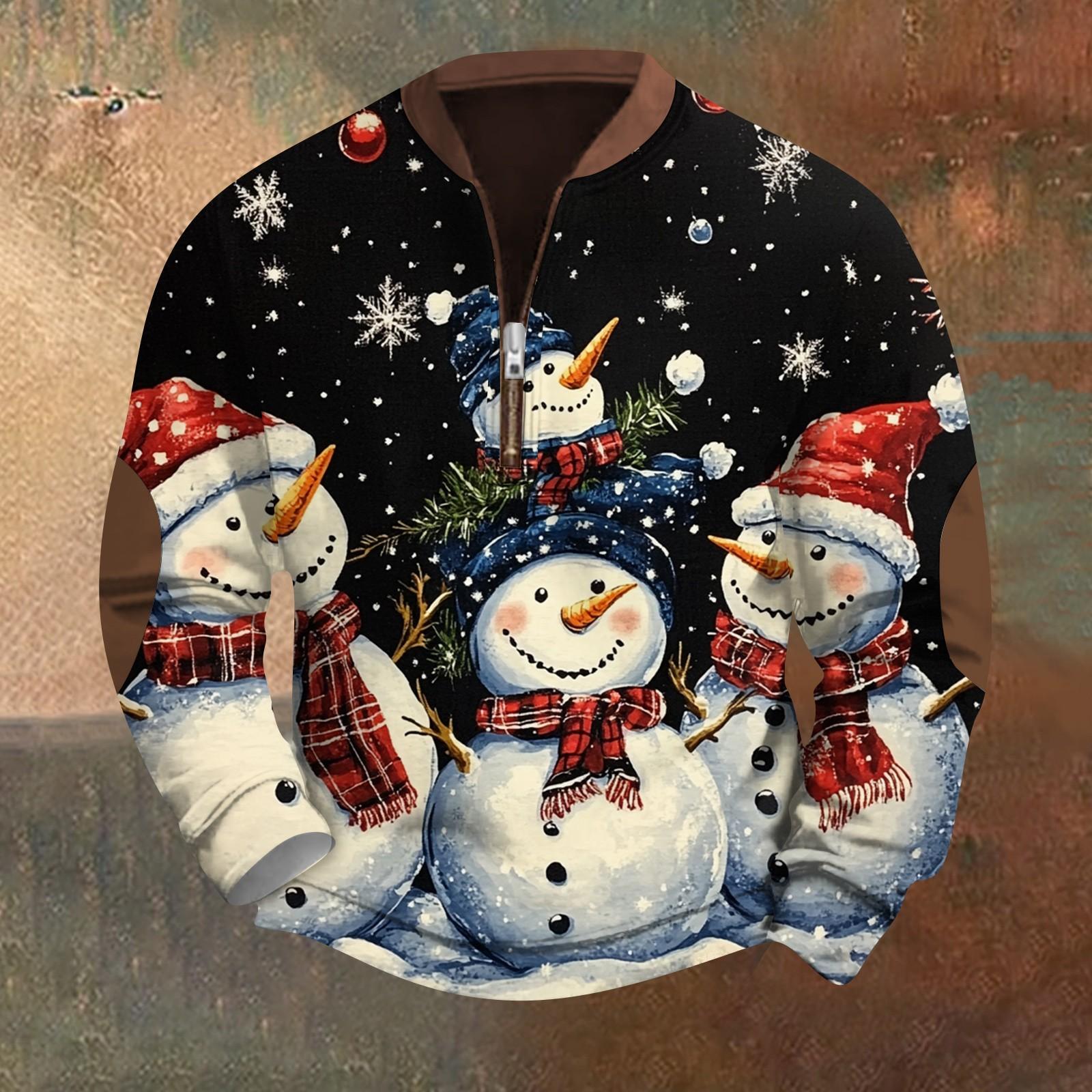 

Мужская модная повседневная свободная толстовка с длинным рукавом и молнией на воротнике с рождественским принтом L чёрный