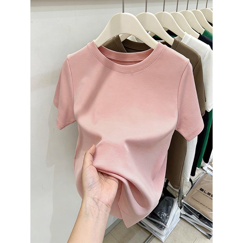 Women's Pink Thickened Brushed Cotton Short Sleeve T-shirt - Korean Style, Straight Shoulder, Round Neck for Spring, Summer, Autumn (2026 New)