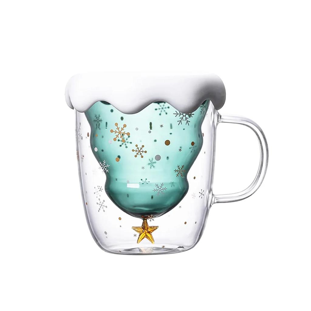 10oz Christmas Coffee Mugs, 1PCS Holiday Cups Double Wall Glass Tableware with Lid And Handle Tree Snowflake Design 300ML