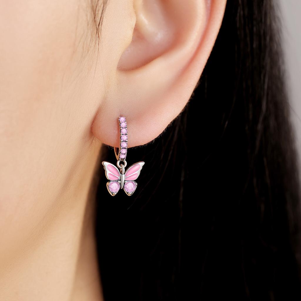 Copper Silver Plated Multi Color Butterfly Dangle Huggie Earrings Glossy Enamel Sparkling CZ Inlaid Drop Hoops Trendy Elegant