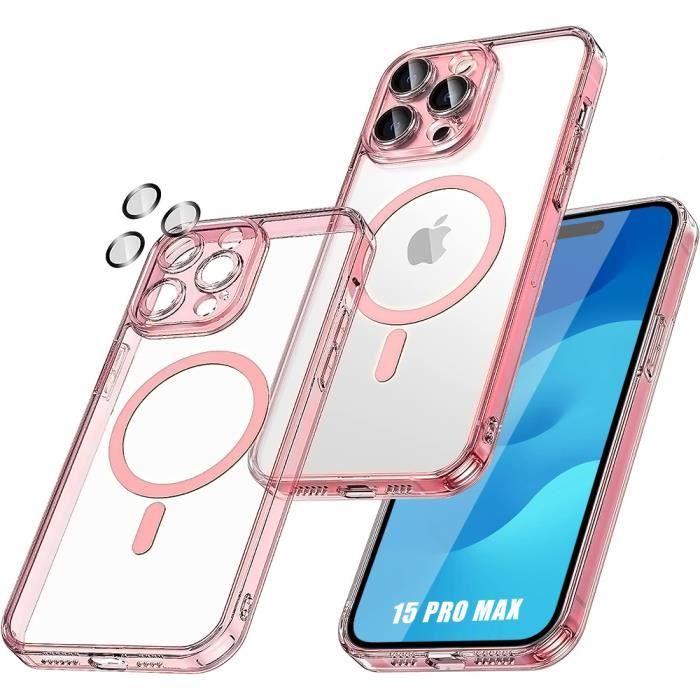 Case for iPhone 15 Pro Max with Magnetic Circle and Camera Protection, Transparent Hard Case with Pink Outline